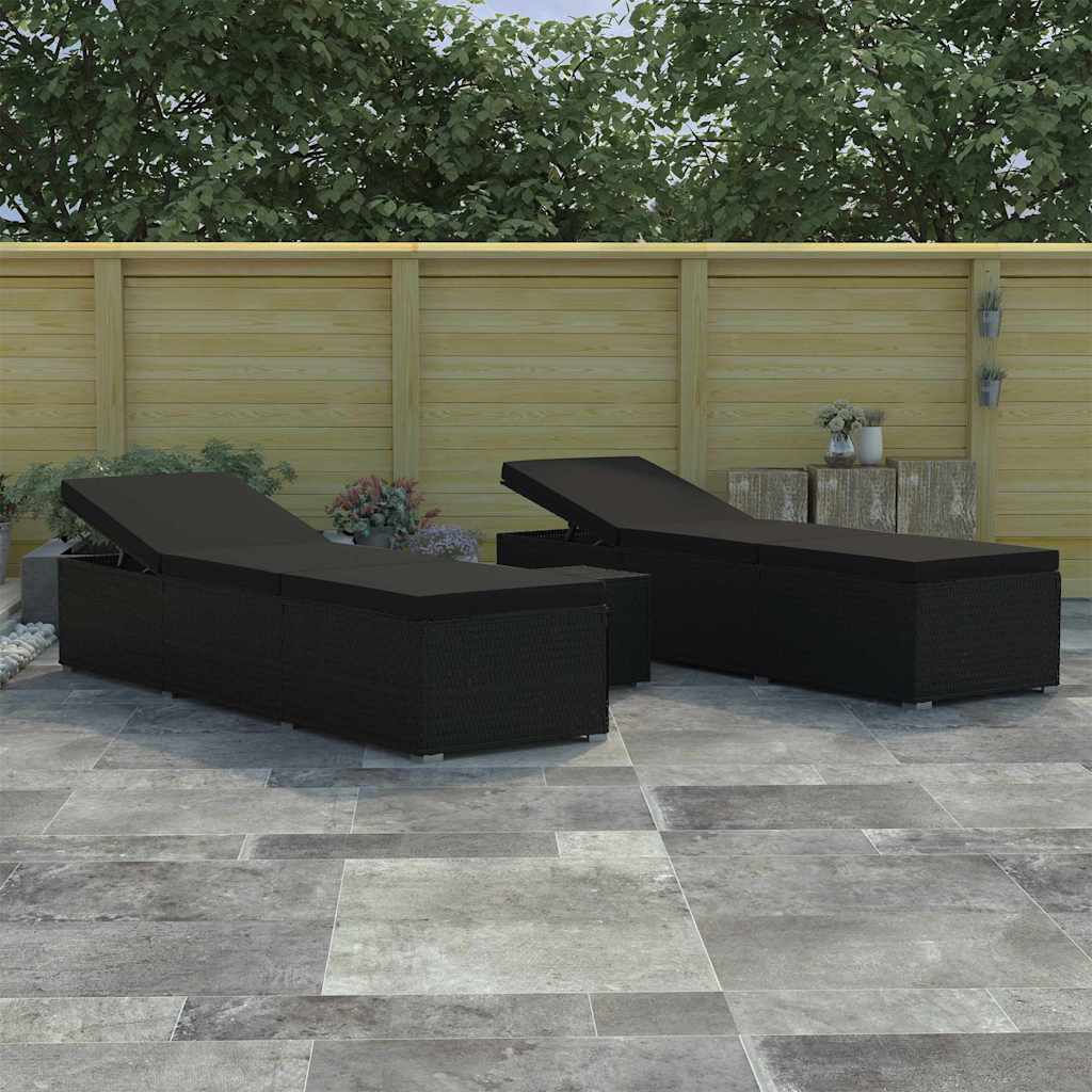 Garten-Sonnenliegen mit Kissen 3-teilig Schwarz Poly Rattan