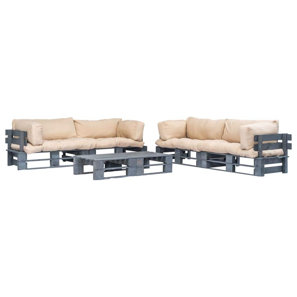 Paletten-Lounge-Set 6-teilig grau-imprägniertes Kiefernholz – Kissenfarbe wählbar